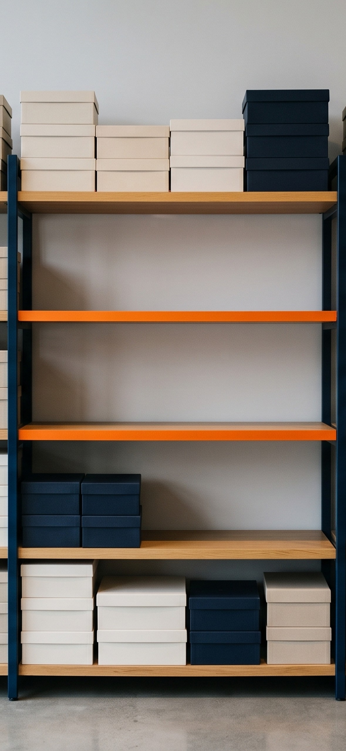 A store display filled with boxes with an empty space between them.