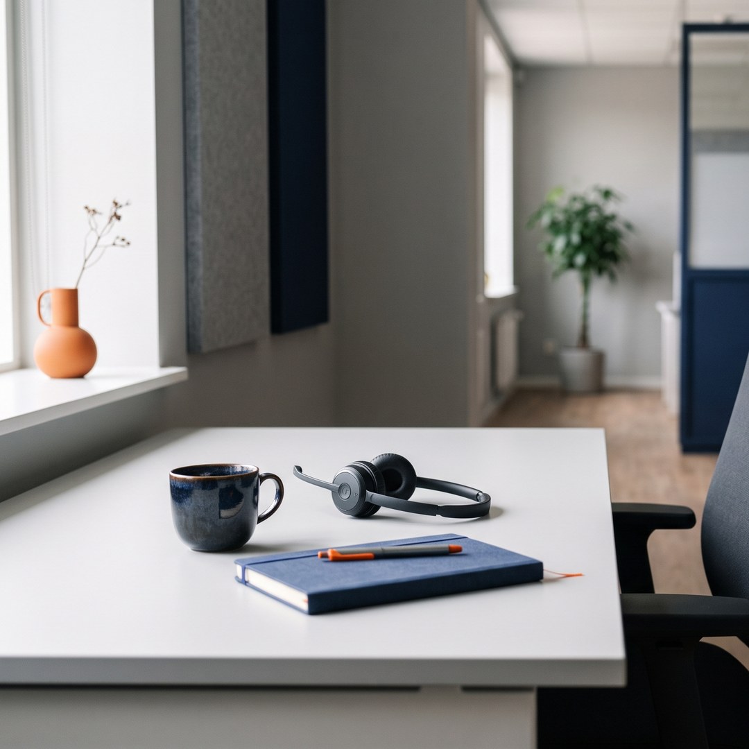 An empty office chair at a customer service desk, with a headset and a coffee cup on the desk