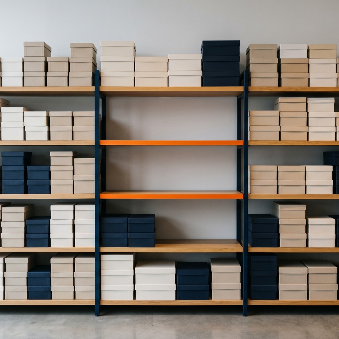 A store display filled with boxes with an empty space between them.