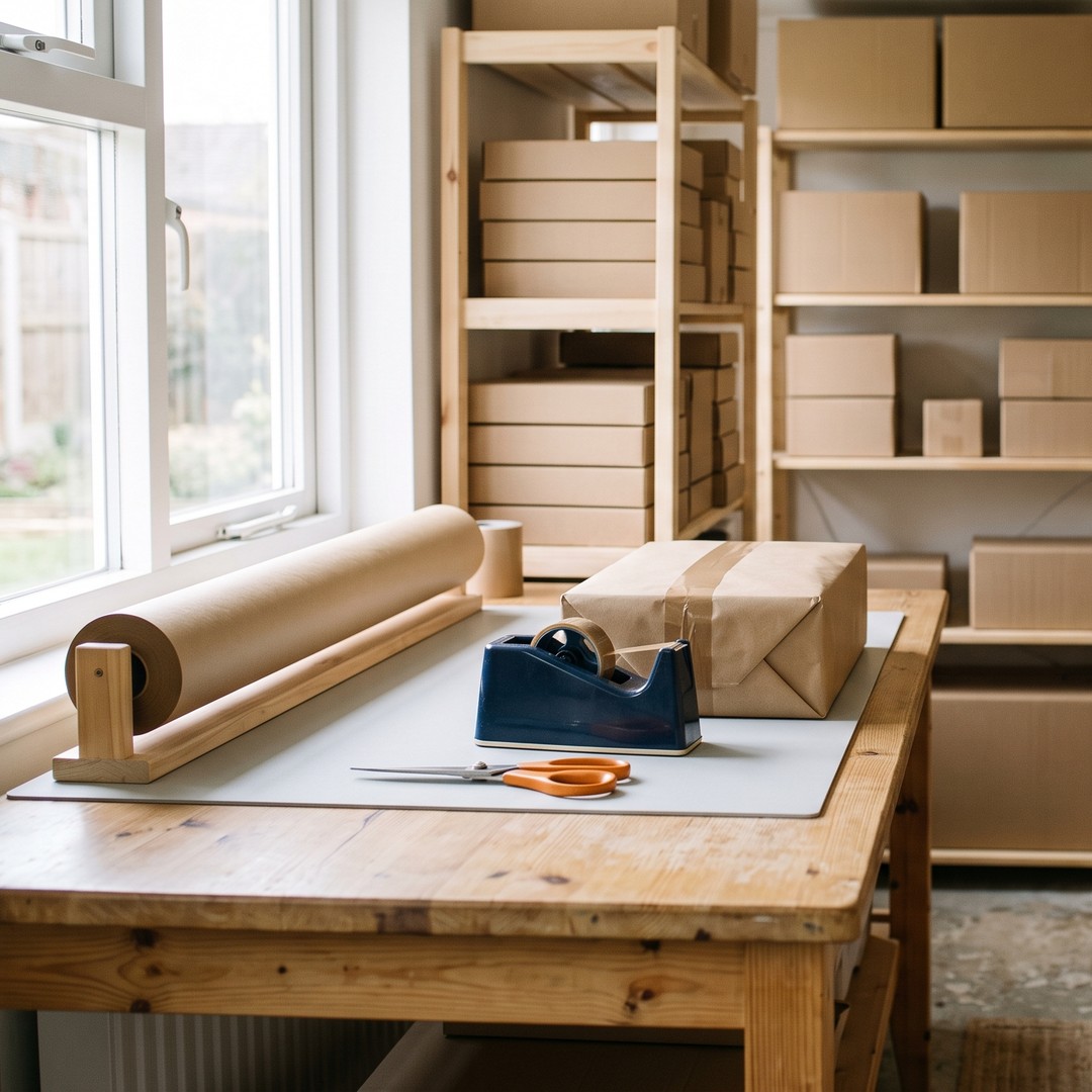A work table with a wrapped package, a tape holder and a roll of packing paper in a small storage space