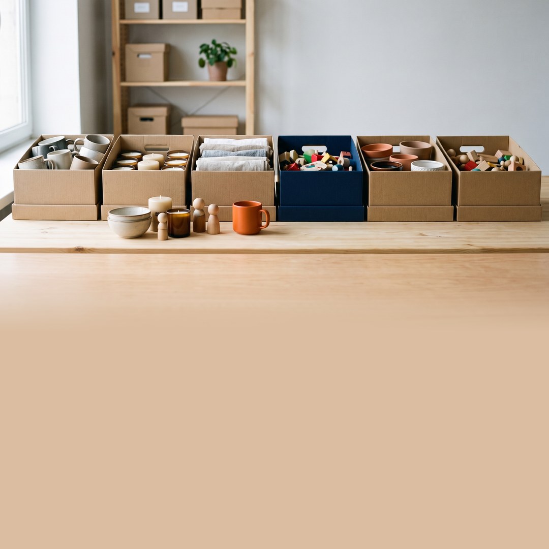 Products in a webshop storage, sorted in cardboard boxes and a dark blue box, with a few loose products inside.