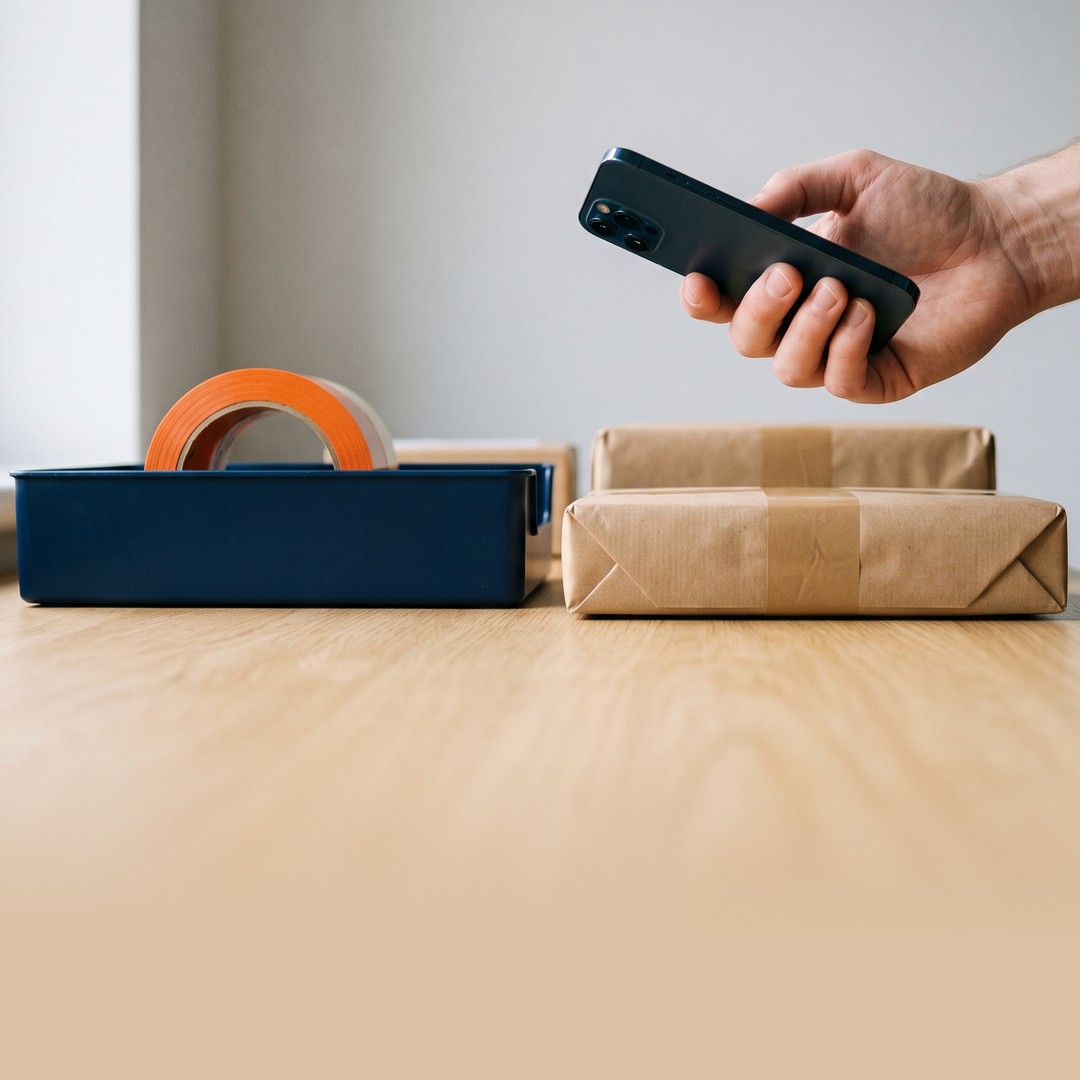 A hand with a phone over two packages and a dark blue box with orange roll tape on the wooden counter of a small webshop.